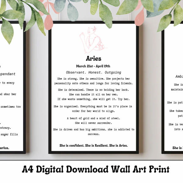 She is Aries -  Star Sign & Horoscope Digital Download Prints