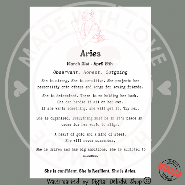 She is Aries -  Star Sign & Horoscope Digital Download Prints