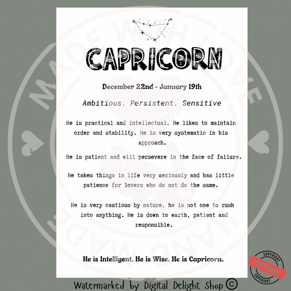 He is Capricorn - Modern Star Sign Digital Wall Art – Instant Download